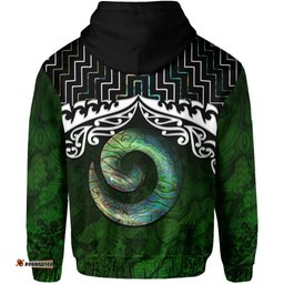 New Zealand Maori Hoodie, Poutama Koru Paua Shell Pullover Hoodie