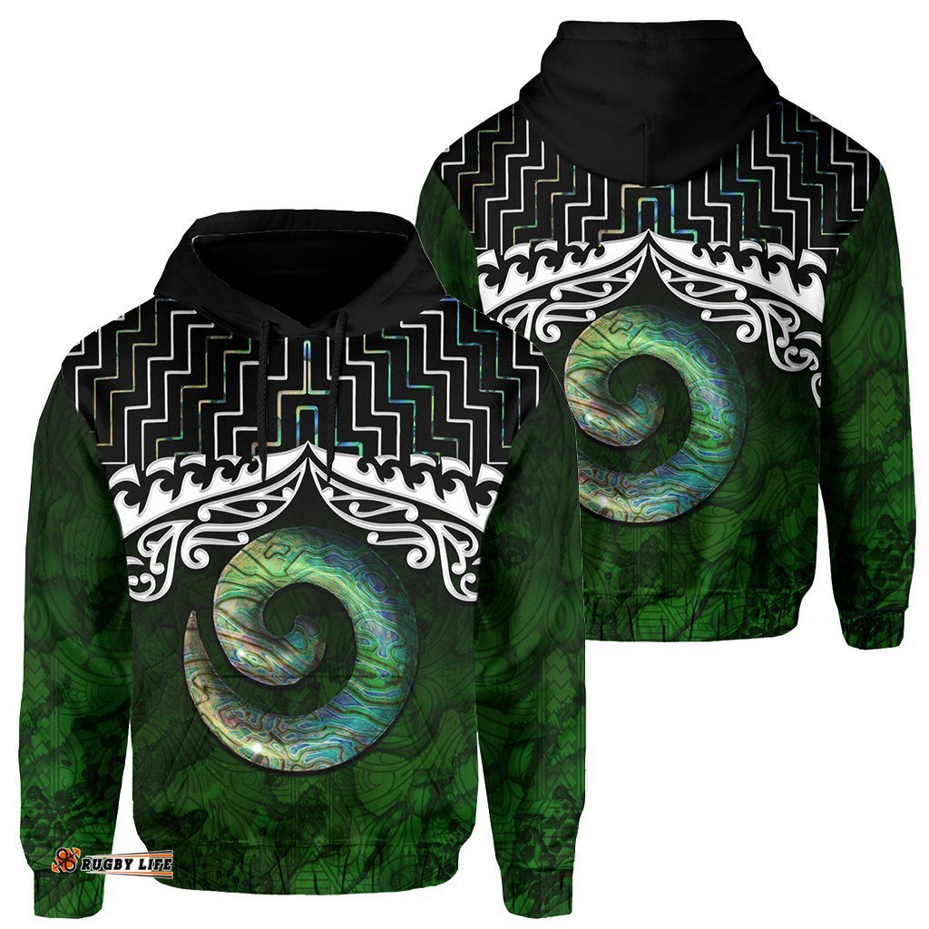 New Zealand Maori Hoodie, Poutama Koru Paua Shell Pullover Hoodie