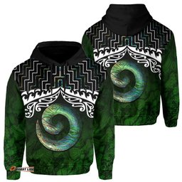 New Zealand Maori Hoodie, Poutama Koru Paua Shell Pullover Hoodie