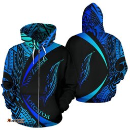 New Zealand Silver Fern Zip Hoodie Maori Tattoo Circle Style Blue