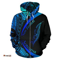 New Zealand Silver Fern Zip Hoodie Maori Tattoo Circle Style Blue