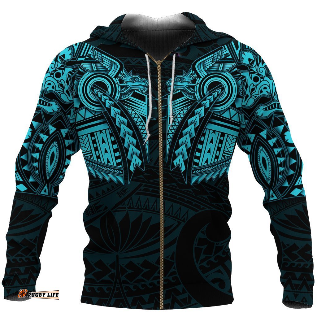 New Zealand Zip Up Hoodie, Maori Tattoo Wolf Dragon Zipper Hoodie Blue