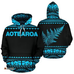 New Zealand Maori Hoodie, Aotearoa Silver Fern Pullover Hoodie Blue