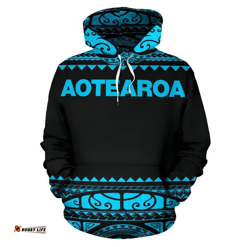 New Zealand Maori Hoodie, Aotearoa Silver Fern Pullover Hoodie Blue