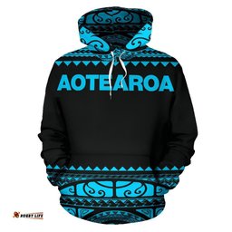 New Zealand Maori Hoodie, Aotearoa Silver Fern Pullover Hoodie Blue