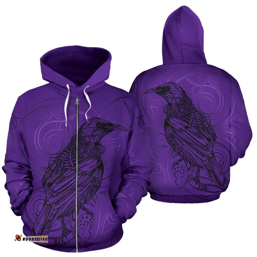 New Zealand Tui Bird Zip Up Hoodie Drawing Purple