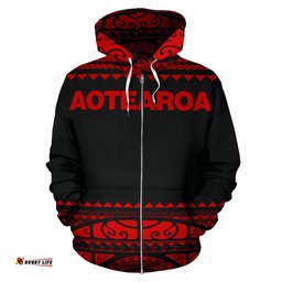 New Zealand Maori Zip Up Hoodie, Aotearoa Silver Fern Zipper Hoodie Red