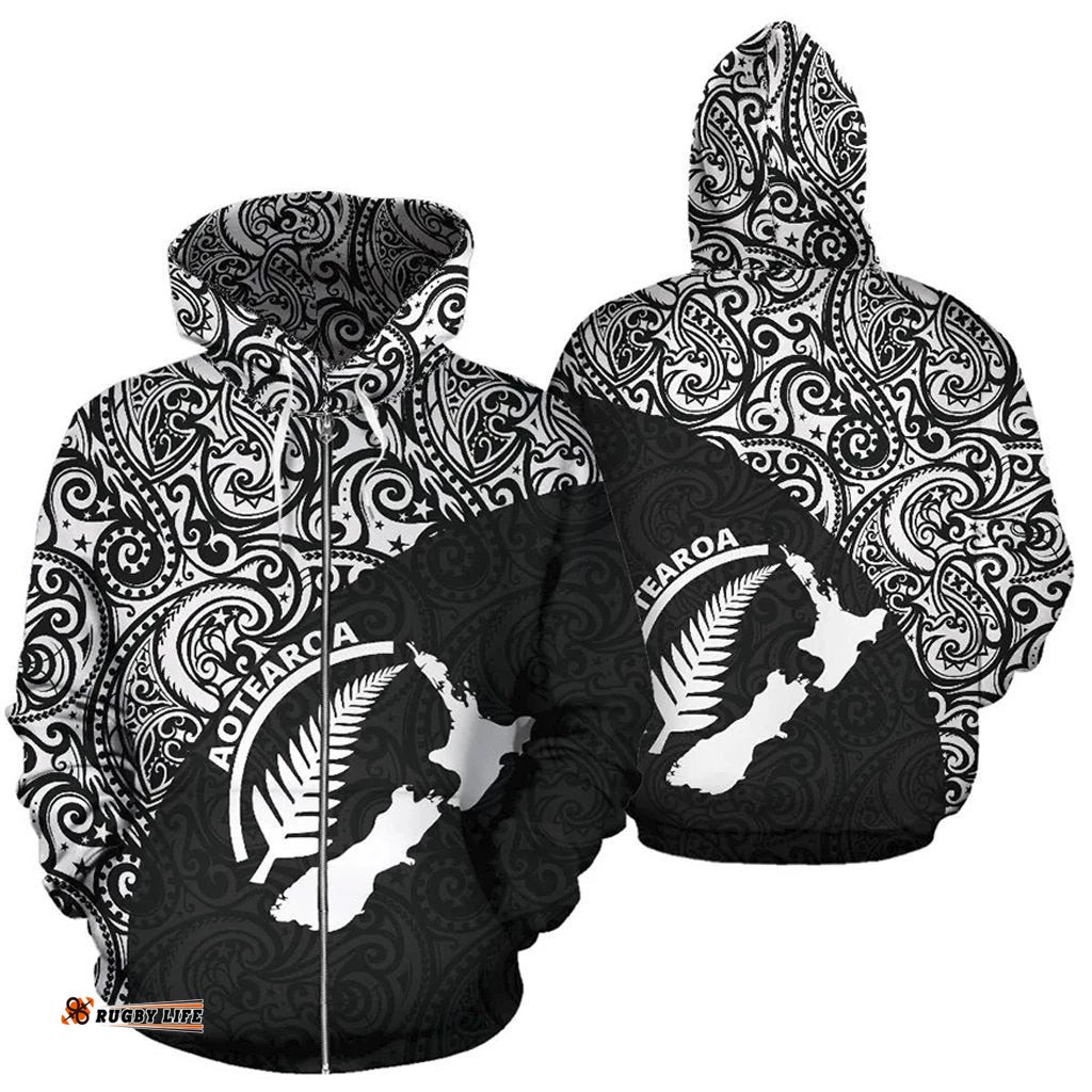 Aotearoa Rugby With Map And Silver Fern Zip Up Hoodie 07
