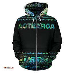 New Zealand Maori Zip Up Hoodie, Aotearoa Silver Fern Zipper Hoodie Paua Shell