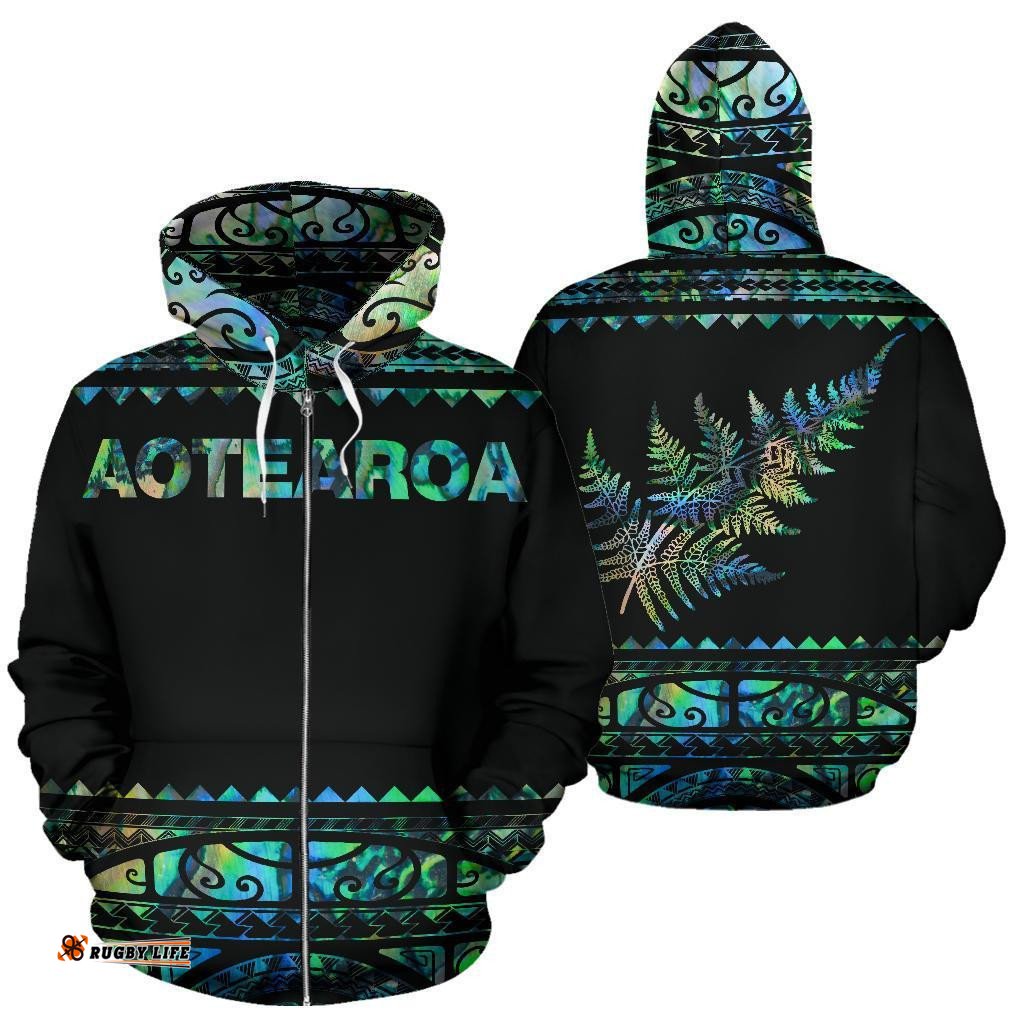 New Zealand Maori Zip Up Hoodie, Aotearoa Silver Fern Zipper Hoodie Paua Shell