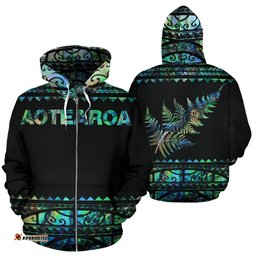 New Zealand Maori Zip Up Hoodie, Aotearoa Silver Fern Zipper Hoodie Paua Shell