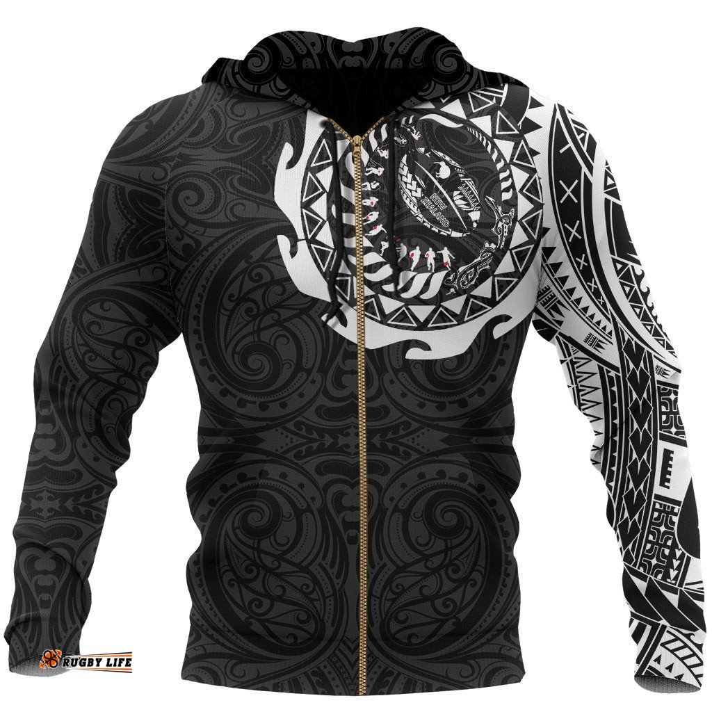 New Zealand Rugby Hoodie, Maori Tattoo Rugby Zip Up Hoodie