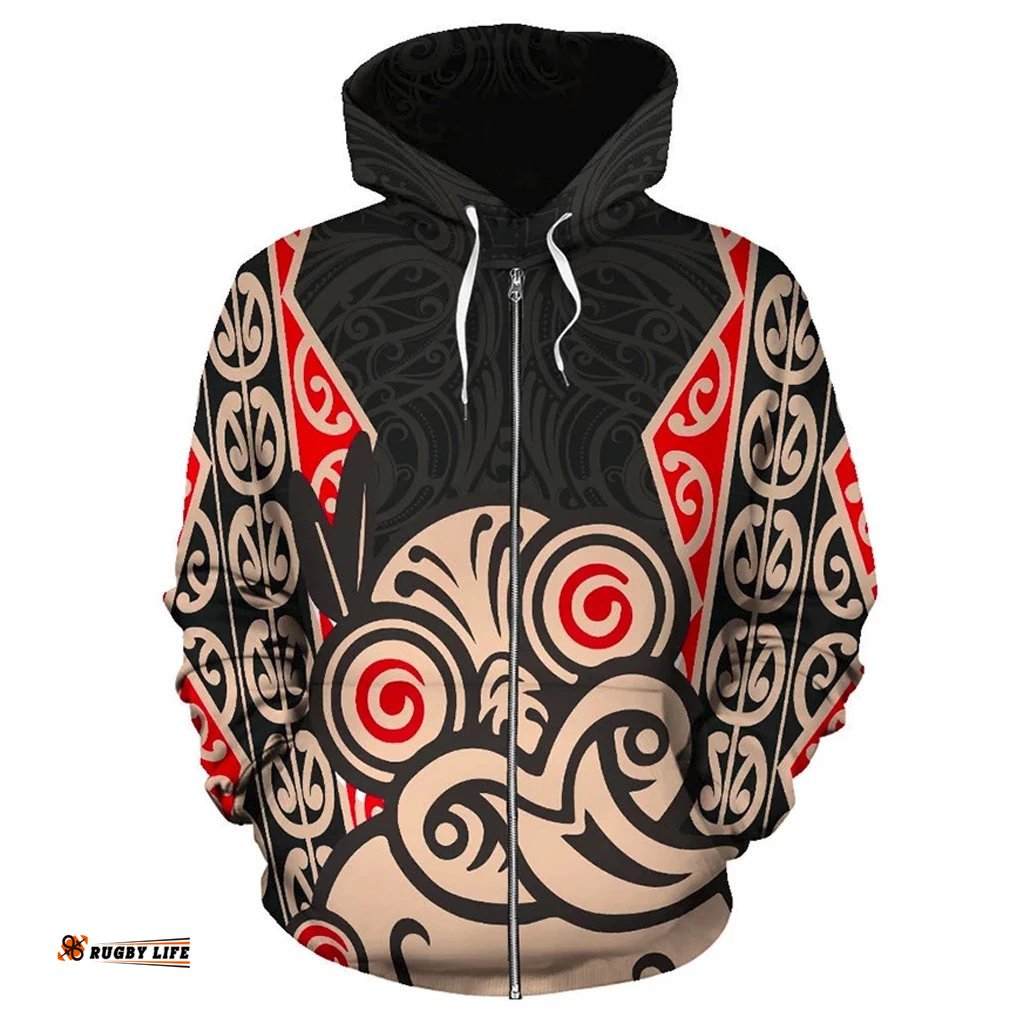 Hei Tiki With Maori Pattern Zip Hoodie Black