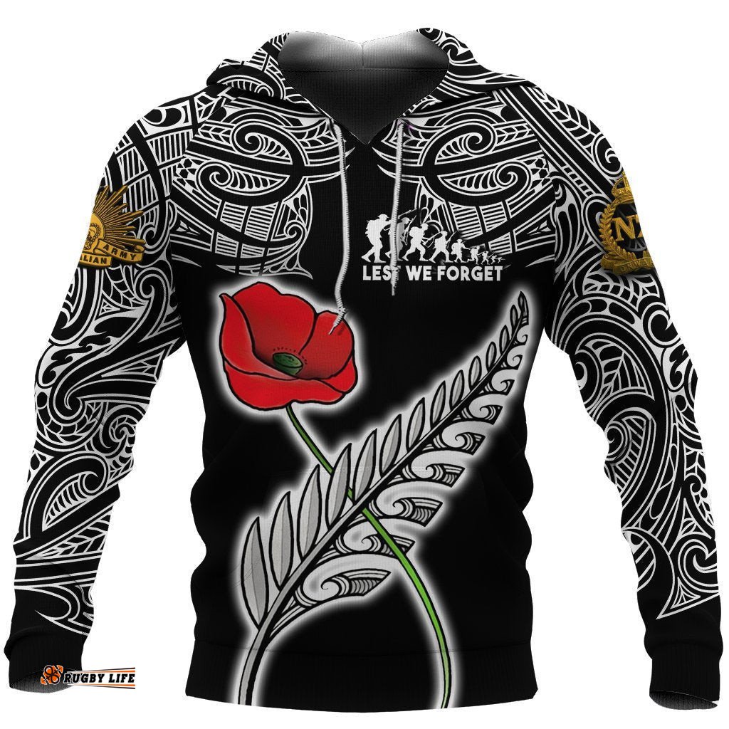 ANZAC Australia And New Zealand Hoodie, Poppy Fern Lest We Forget Pullover Hoodie