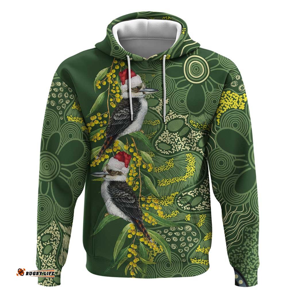 RugbyLife Shop Aussie Kokaburra Golden Wattle Christmas Hoodie Aboriginal Dots Painting Green Motif LT9