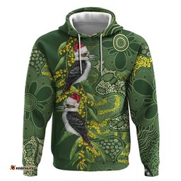 RugbyLife Shop Aussie Kokaburra Golden Wattle Christmas Hoodie Aboriginal Dots Painting Green Motif LT9