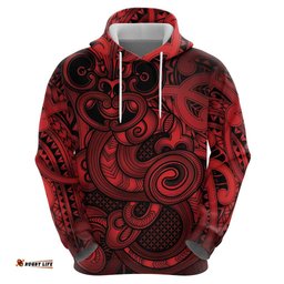 RugbyLife Shop Aotearoa Maori Hei Tiki Hoodie Whero Kowhaiwhai Puhoro Motif LT9