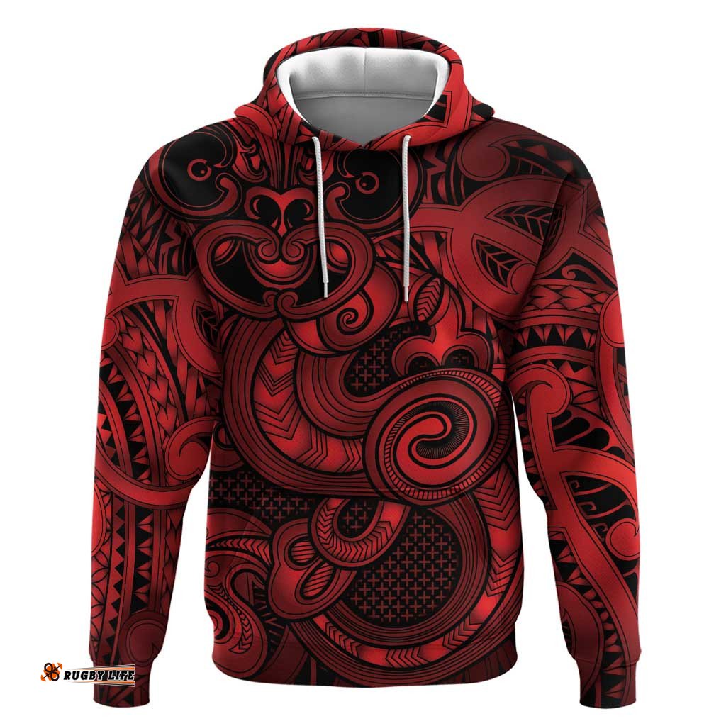 RugbyLife Shop Aotearoa Maori Hei Tiki Hoodie Whero Kowhaiwhai Puhoro Motif LT9
