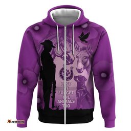 RugbyLife Shop Australia Animals ANZAC Day Hoodie Lest We Forget The Animals Too Purple Poppy LT14