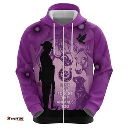 RugbyLife Shop Australia Animals ANZAC Day Hoodie Lest We Forget The Animals Too Purple Poppy LT14