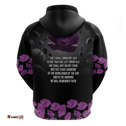 RugbyLife Shop ANZAC Day Remembrance Hoodie Purple Poppy We Will Remember Them LT9