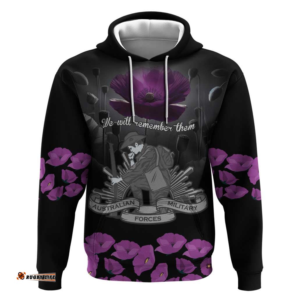 RugbyLife Shop ANZAC Day Remembrance Hoodie Purple Poppy We Will Remember Them LT9