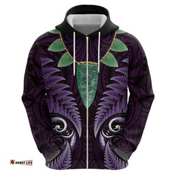 RugbyLife Shop Aotearoa Pounamu Niho Hoodie Silver Fern Mix Maori Pattern - Purple LT14
