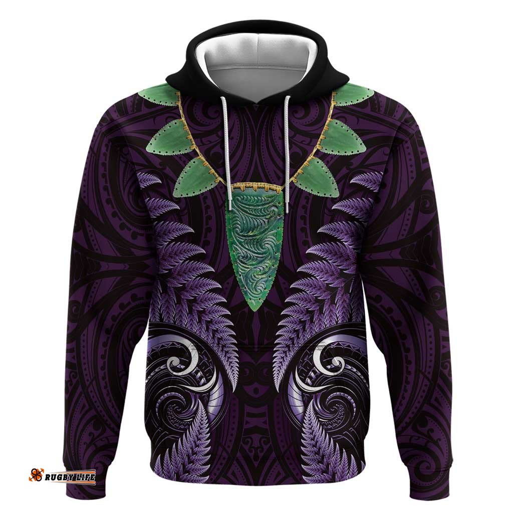 RugbyLife Shop Aotearoa Pounamu Niho Hoodie Silver Fern Mix Maori Pattern - Purple LT14