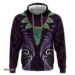 RugbyLife Shop Aotearoa Pounamu Niho Hoodie Silver Fern Mix Maori Pattern - Purple LT14
