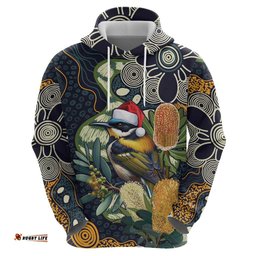 RugbyLife Shop Aussie Honeyeaters Banksia Christmas Hoodie Aboriginal Dots Painting Blue Motif LT9