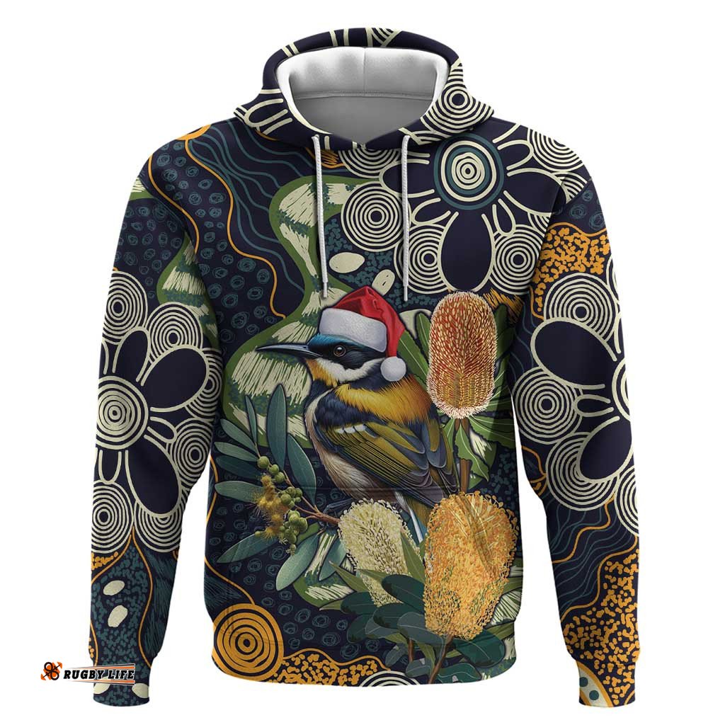 RugbyLife Shop Aussie Honeyeaters Banksia Christmas Hoodie Aboriginal Dots Painting Blue Motif LT9