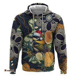 RugbyLife Shop Aussie Honeyeaters Banksia Christmas Hoodie Aboriginal Dots Painting Blue Motif LT9