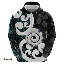 RugbyLife Shop Aotearoa Koru Hoodie Cyan Maori Paua Shell Mix Silver Fern LT14