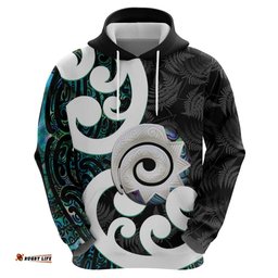 RugbyLife Shop Aotearoa Koru Hoodie Cyan Maori Paua Shell Mix Silver Fern LT14