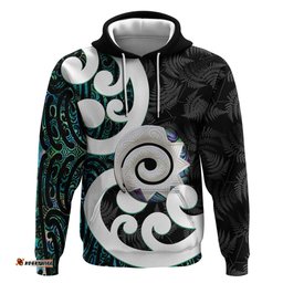 RugbyLife Shop Aotearoa Koru Hoodie Cyan Maori Paua Shell Mix Silver Fern LT14