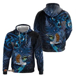 RugbyLife Shop Aotearoa Matariki Hoodie Maori Tribal with Silver Fern and Tui Bird Galaxy Style LT03