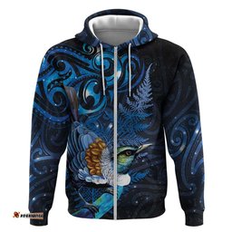 RugbyLife Shop Aotearoa Matariki Hoodie Maori Tribal with Silver Fern and Tui Bird Galaxy Style LT03
