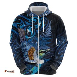 RugbyLife Shop Aotearoa Matariki Hoodie Maori Tribal with Silver Fern and Tui Bird Galaxy Style LT03