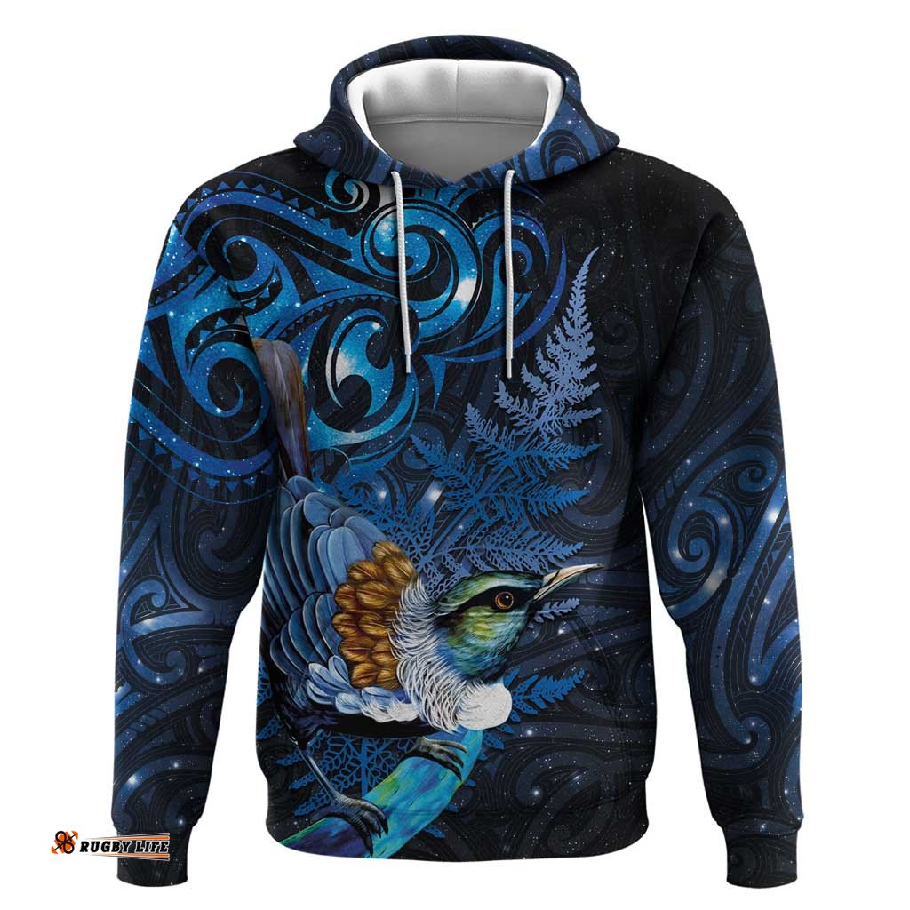 RugbyLife Shop Aotearoa Matariki Hoodie Maori Tribal with Silver Fern and Tui Bird Galaxy Style LT03