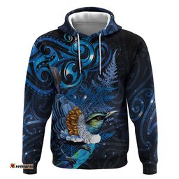 RugbyLife Shop Aotearoa Matariki Hoodie Maori Tribal with Silver Fern and Tui Bird Galaxy Style LT03