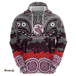 RugbyLife Shop ANZAC Day Manly Warringah Sea Eagles Hoodie Military Memorial Aboriginal Indigenous Art TS04