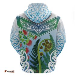 RugbyLife Shop Aotearoa New Zealand Natural Plants Hoodie Pohutukawa with Silver Ferns Koru Frond Maori Tattoos LT03