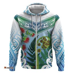 RugbyLife Shop Aotearoa New Zealand Natural Plants Hoodie Pohutukawa with Silver Ferns Koru Frond Maori Tattoos LT03