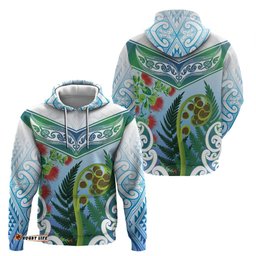 RugbyLife Shop Aotearoa New Zealand Natural Plants Hoodie Pohutukawa with Silver Ferns Koru Frond Maori Tattoos LT03