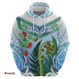 RugbyLife Shop Aotearoa New Zealand Natural Plants Hoodie Pohutukawa with Silver Ferns Koru Frond Maori Tattoos LT03