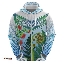 RugbyLife Shop Aotearoa New Zealand Natural Plants Hoodie Pohutukawa with Silver Ferns Koru Frond Maori Tattoos LT03