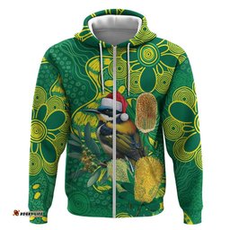 RugbyLife Shop Aussie Honeyeaters Banksia Christmas Hoodie Aboriginal Dots Painting Green Motif LT9