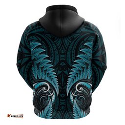 RugbyLife Shop Aotearoa Pounamu Niho Hoodie Silver Fern Mix Maori Pattern - Turquoise LT14