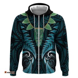 RugbyLife Shop Aotearoa Pounamu Niho Hoodie Silver Fern Mix Maori Pattern - Turquoise LT14