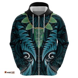 RugbyLife Shop Aotearoa Pounamu Niho Hoodie Silver Fern Mix Maori Pattern - Turquoise LT14
